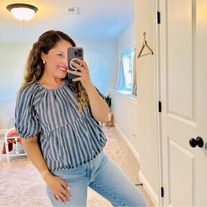 Old Navy Navy Blue White Striped Cotton Peplum Top Medium